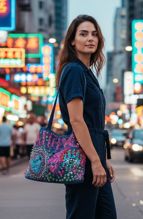 Hand Painted  & Embroidered Denim Tote Bag with Heart, Mystic Eye & Lettering