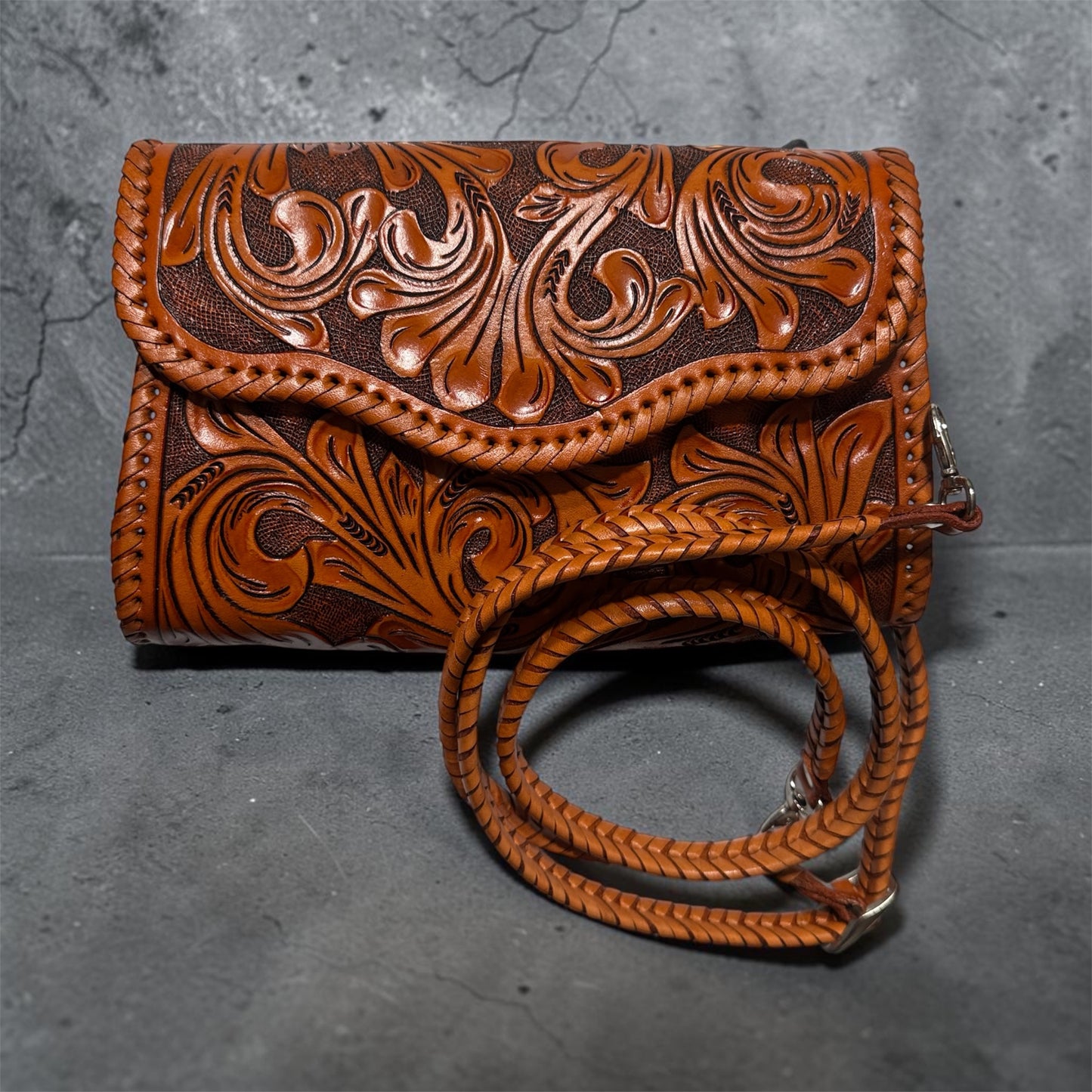 Hand-Tooled Leather Small Crossbody & Clutch "ONDULADA" more colors - ALLE Handbags