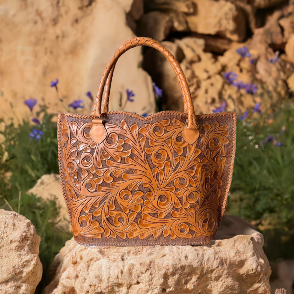 Genuine Hand-Tooled Leather Tote, "IBIZA" by ALLE, more colors