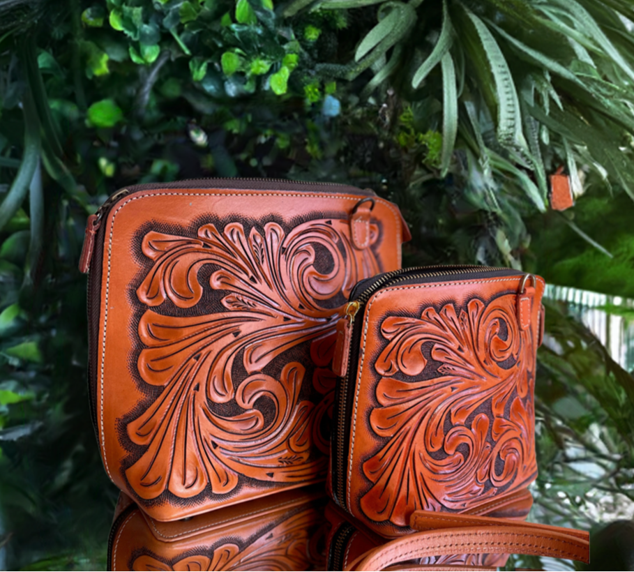 Hand-Tooled Leather Large Crossbody "CATALINA" by ALLE more Colors