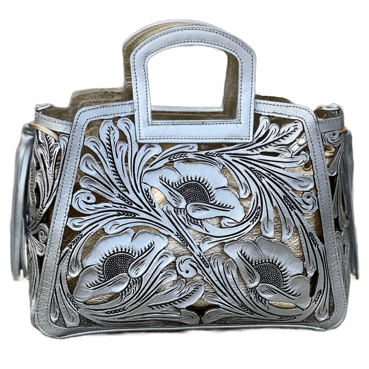 Hand tooled Cut-Out Tooling Leather Small Tote "NOTA FLORAL" by ALLE - ALLE Handbags