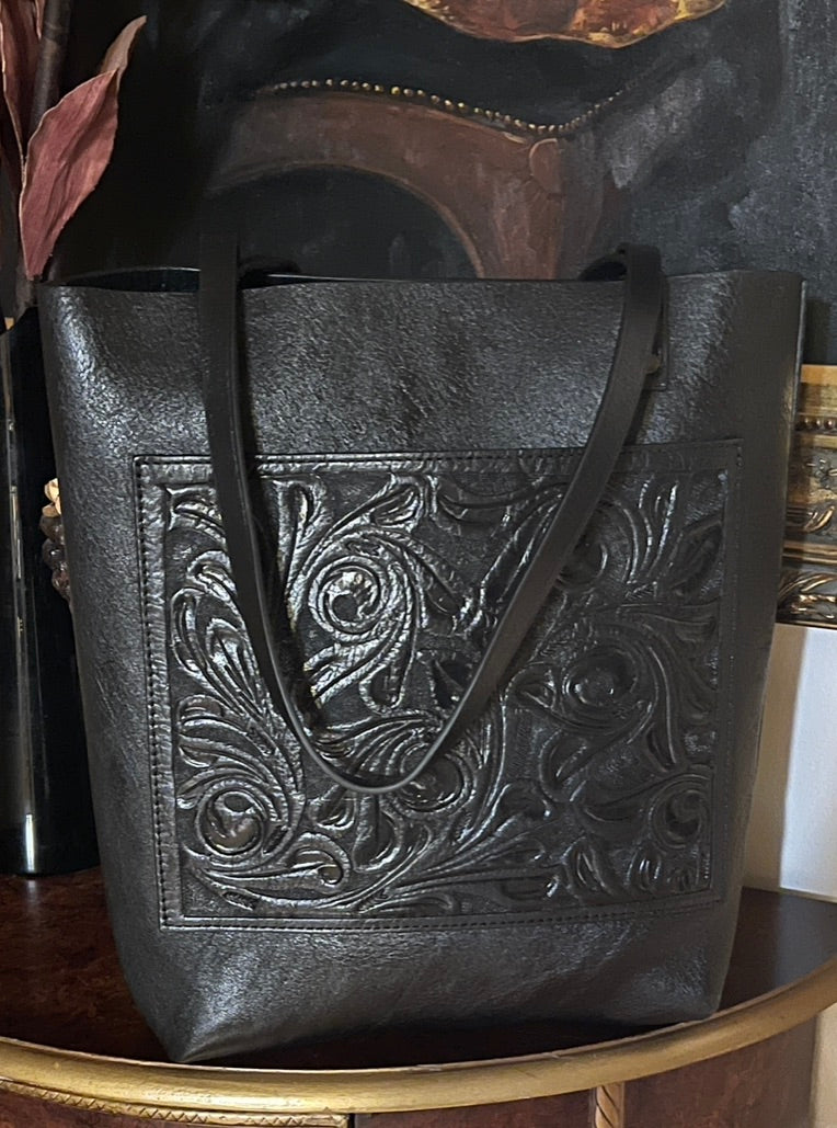 Fine Hand-Tooled Leather Tote Bag "ELODIA", more colors - ALLE Handbags