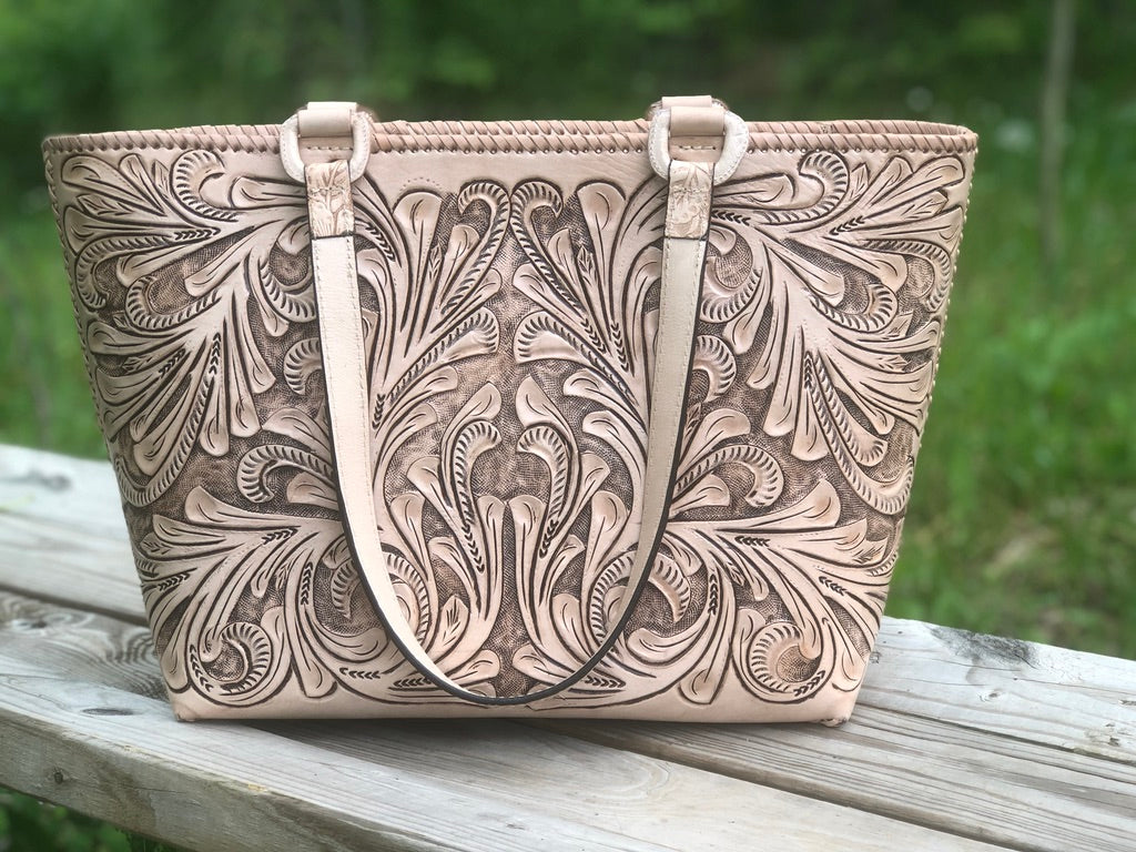 Hand-Tooled Leather, Tote Bag "Charly", by ALLE, more Colors - ALLE Handbags