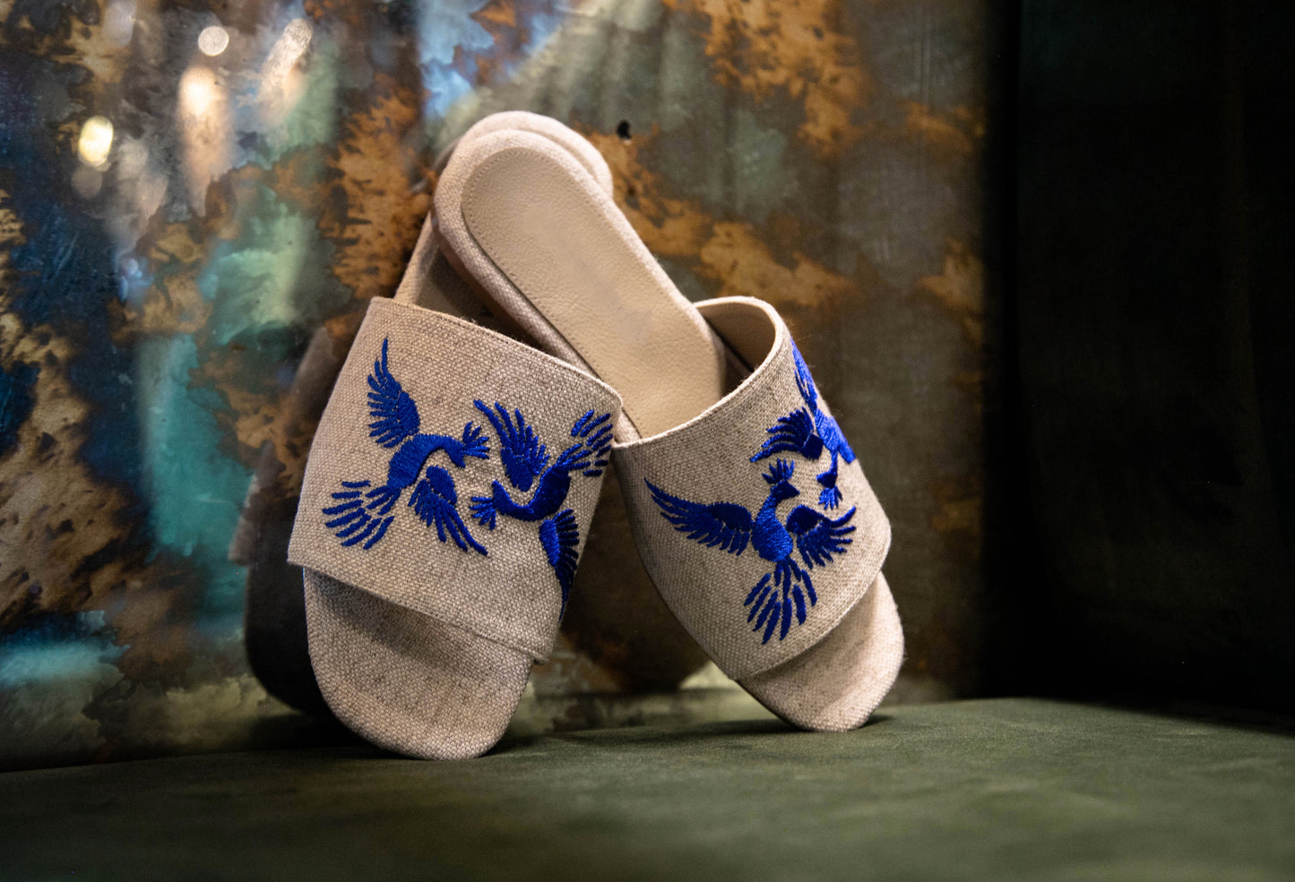Fine Handmade-embroidered Linen Beach Sandals "ALEBRIJES", in Electric Blue - ALLE Handbags