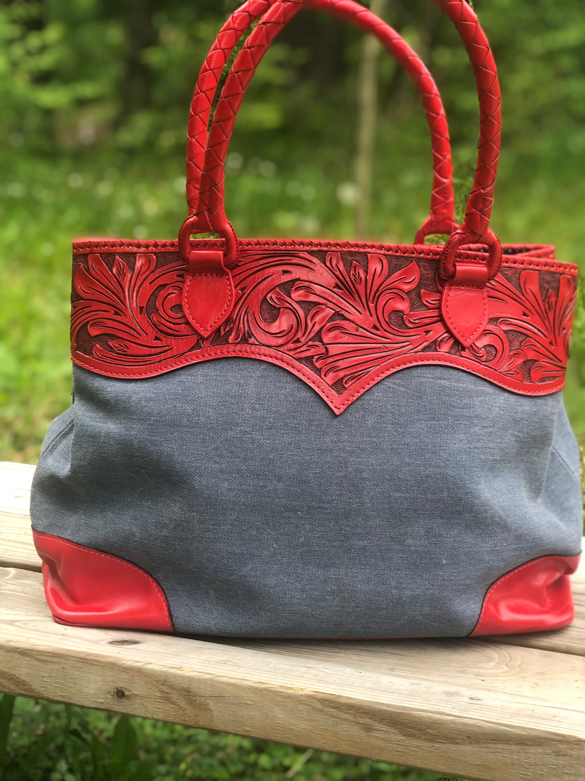 Hand-Tooled Leather & Denim Tote "Denim" by ALLE more Color - ALLE Handbags