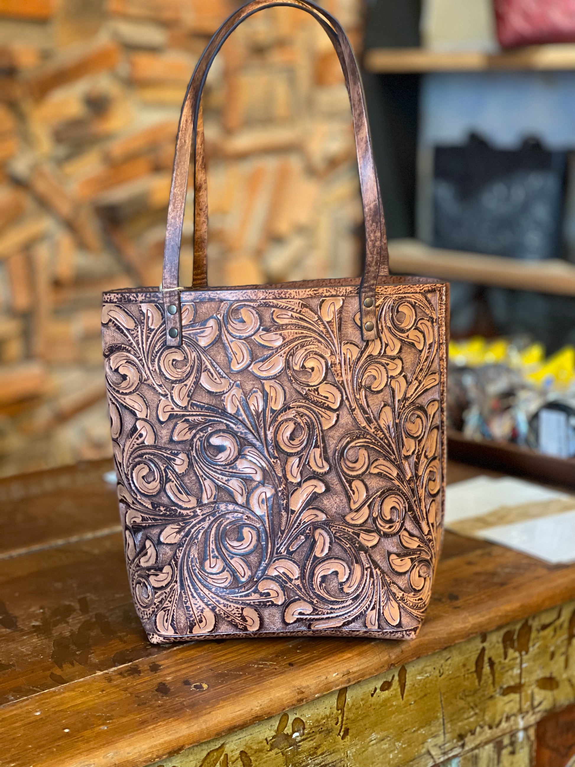 Fine Hand-Tooled Leather Tote Bag "ELODIA", more colors - ALLE Handbags