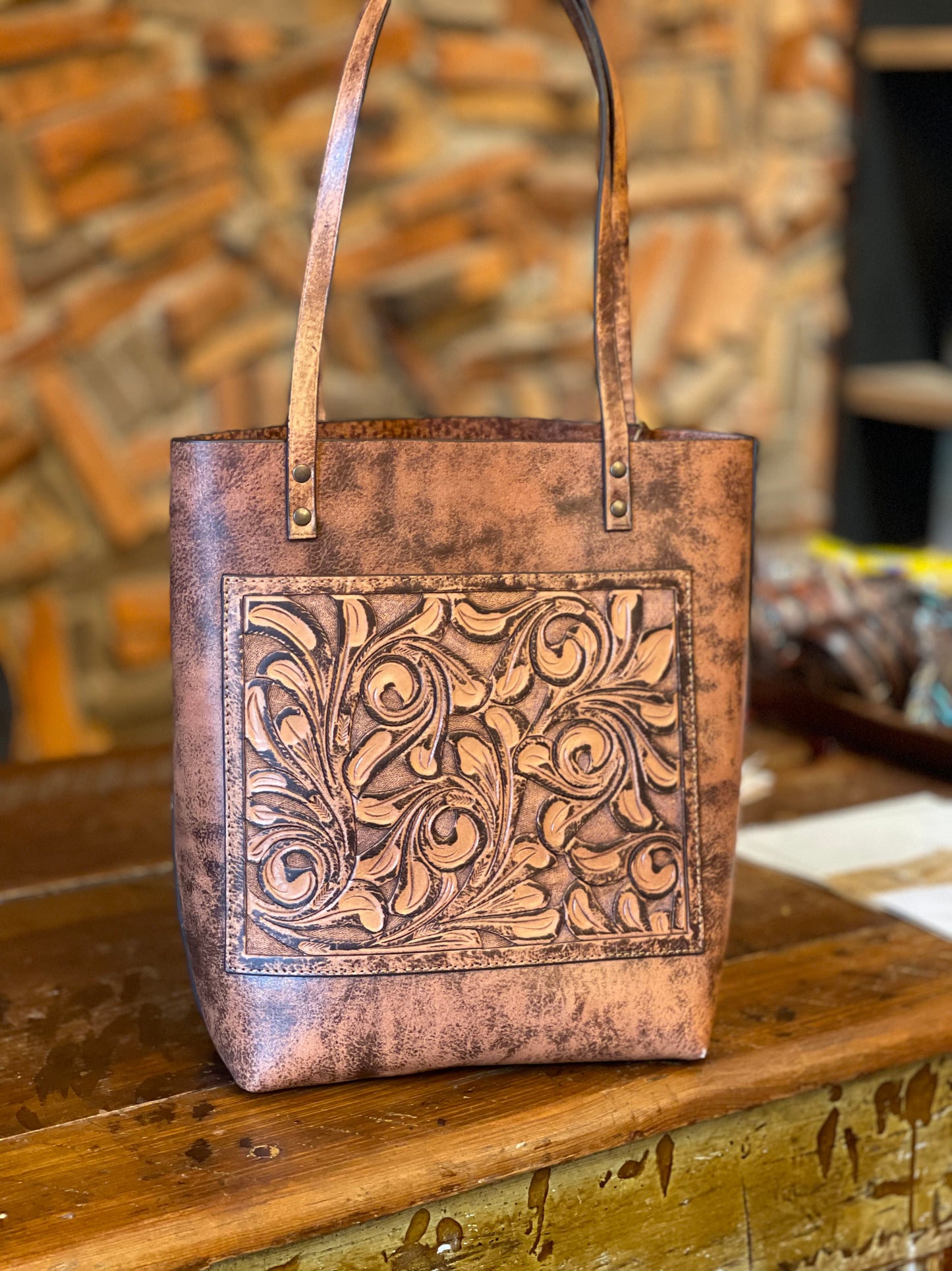 Fine Hand-Tooled Leather Tote Bag "ELODIA", more colors - ALLE Handbags