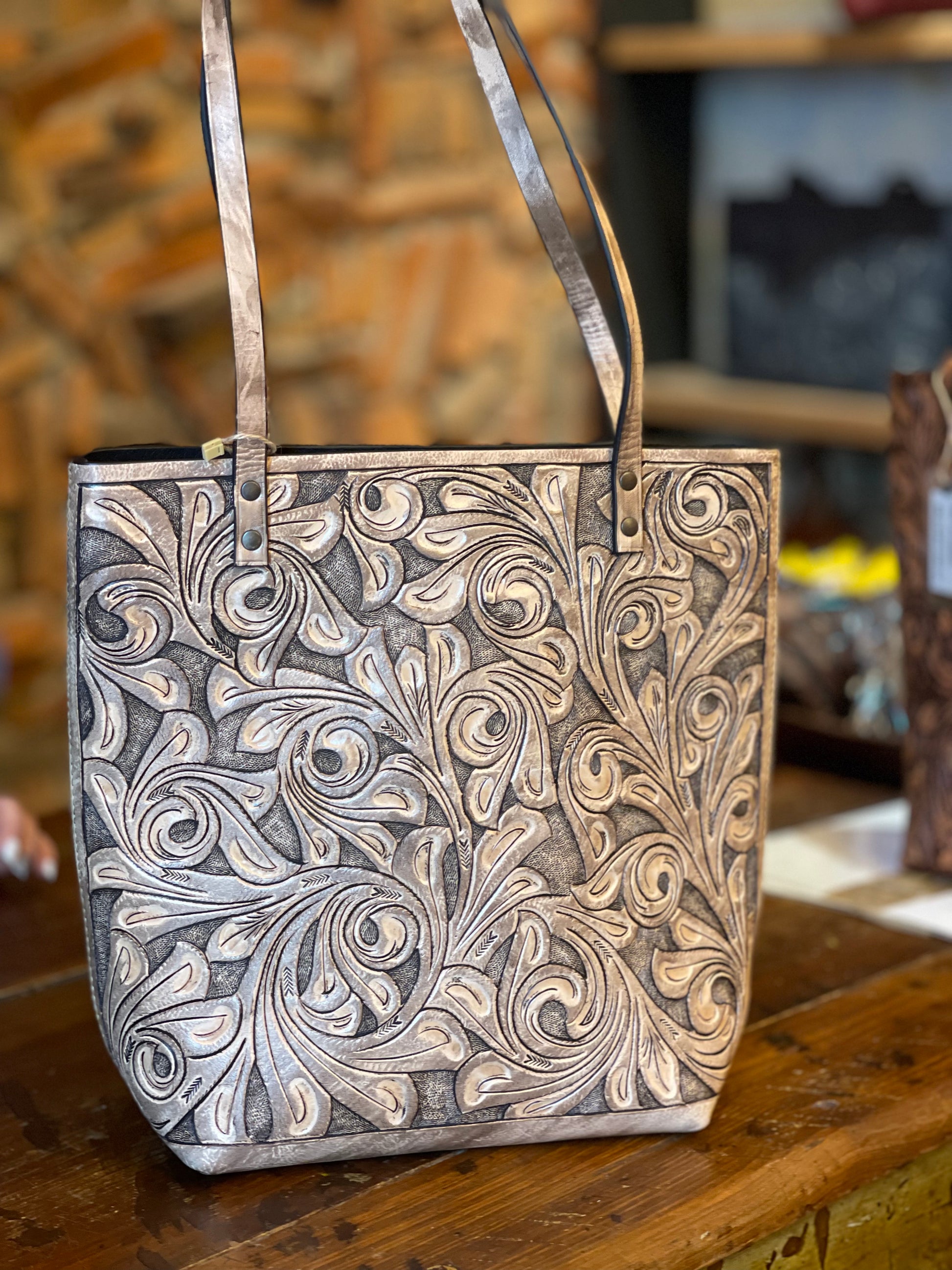 Fine Hand-Tooled Leather Tote Bag "ELODIA", more colors - ALLE Handbags