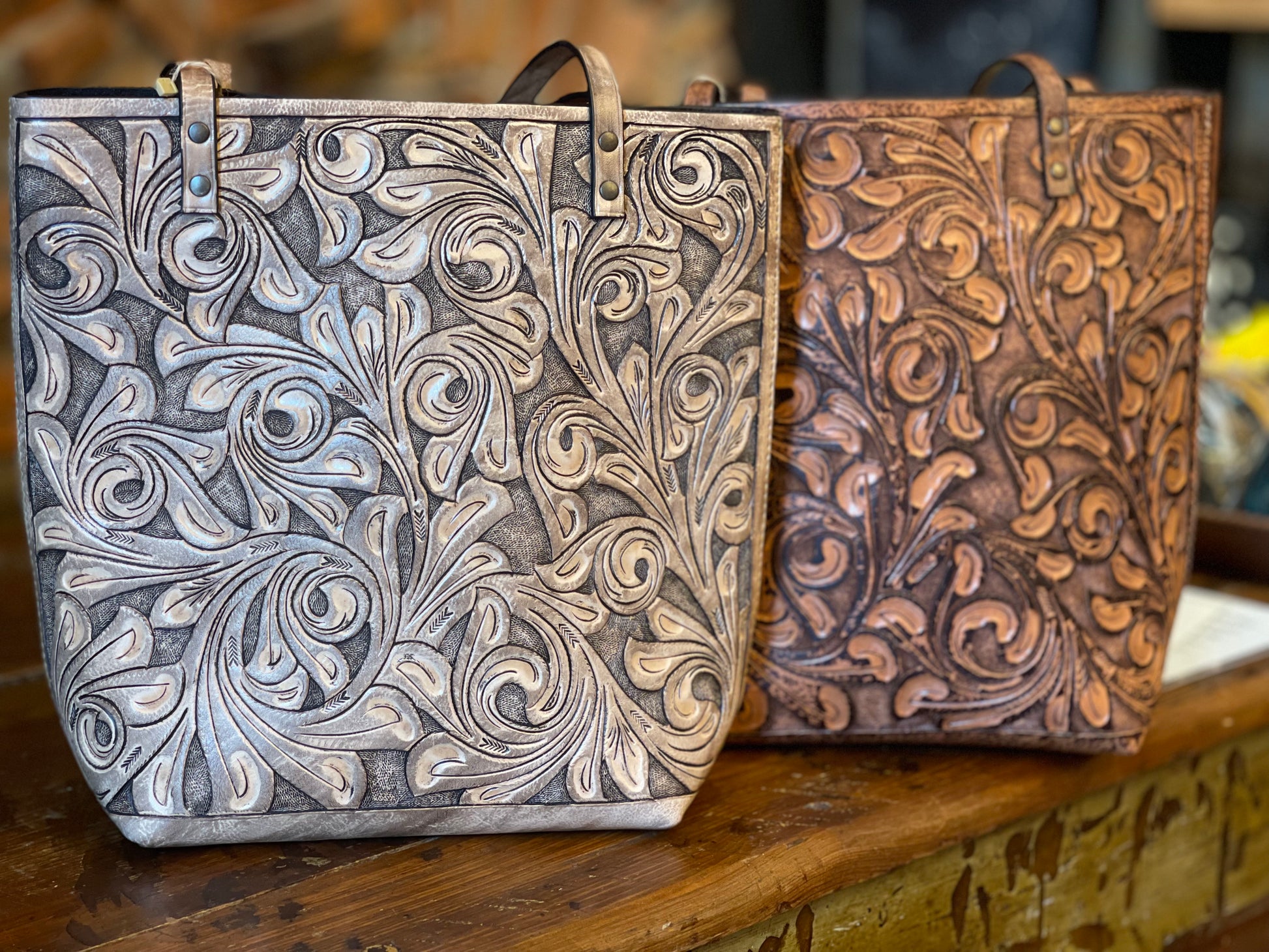 Fine Hand-Tooled Leather Tote Bag "ELODIA", more colors - ALLE Handbags