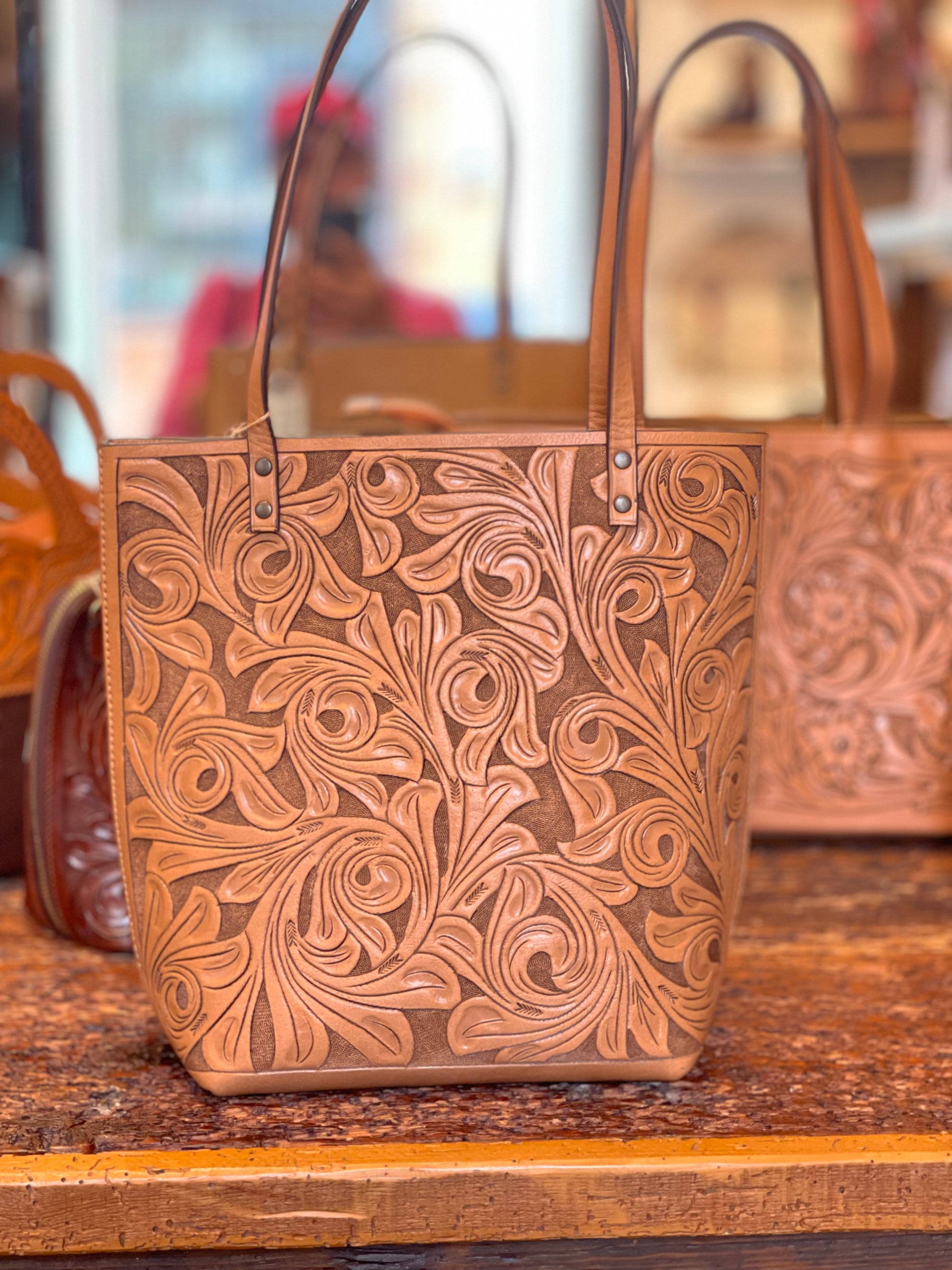 Fine Hand-Tooled Leather Tote Bag "ELODIA", more colors - ALLE Handbags