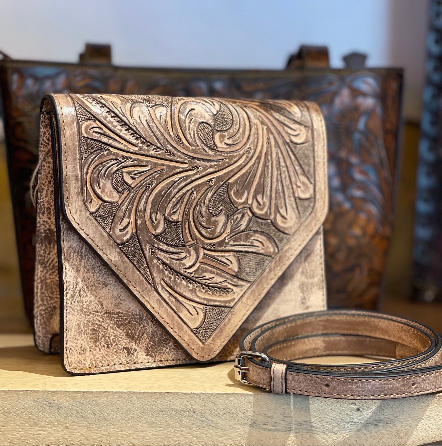 Fine Hand-Tooled Leather Crossbody "PARIS", Patina Colors - ALLE Handbags