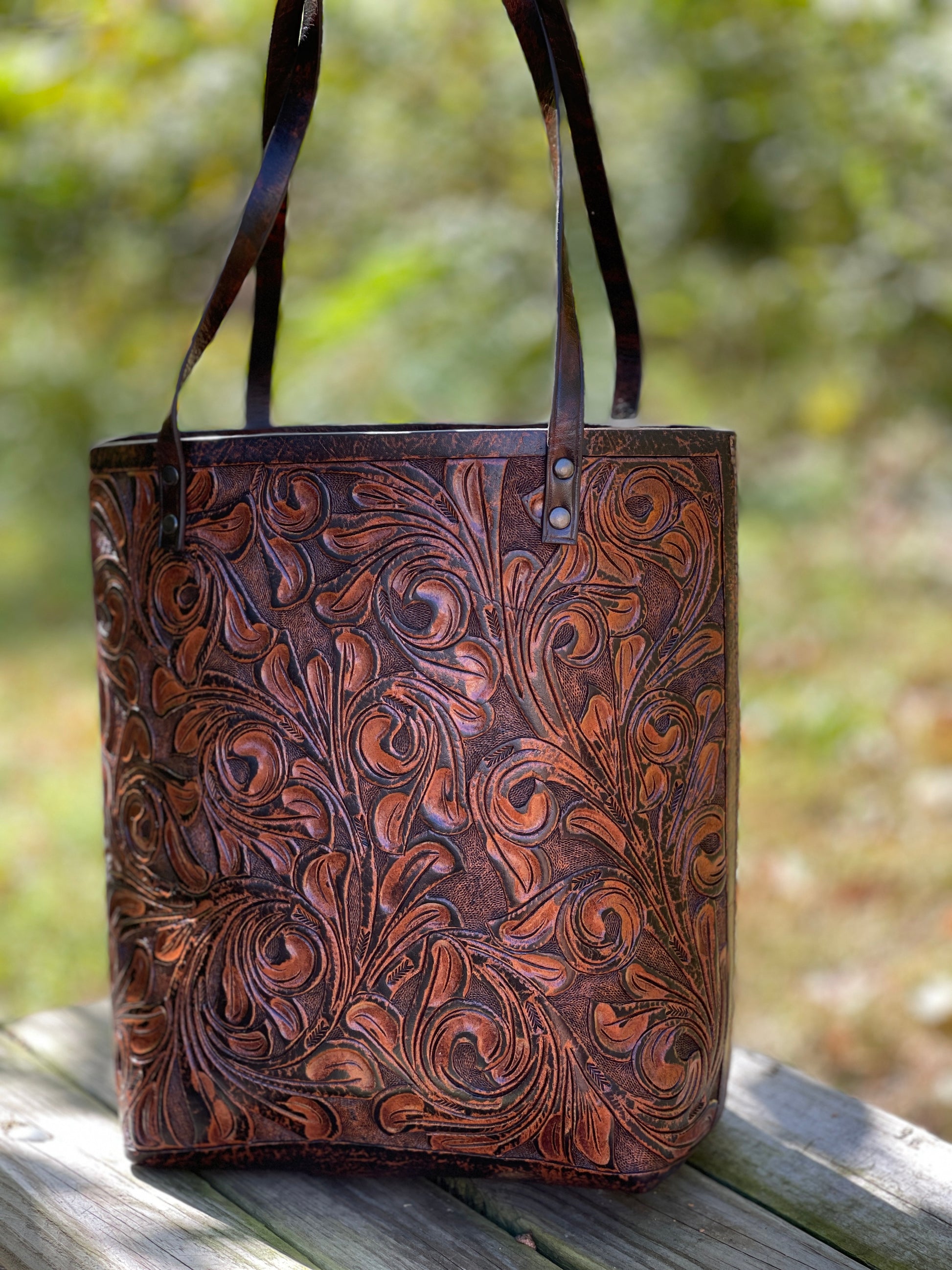 Fine Hand-Tooled Leather Tote Bag "ELODIA", more colors - ALLE Handbags