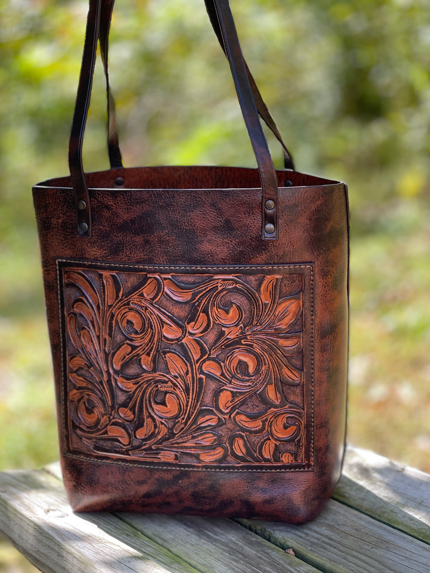 Fine Hand-Tooled Leather Tote Bag "ELODIA", more colors - ALLE Handbags