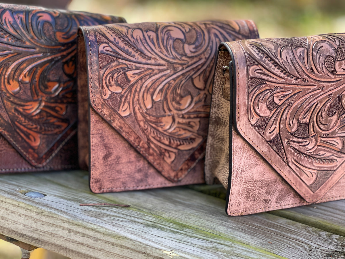 Fine Hand-Tooled Leather Crossbody "PARIS", Patina Colors - ALLE Handbags