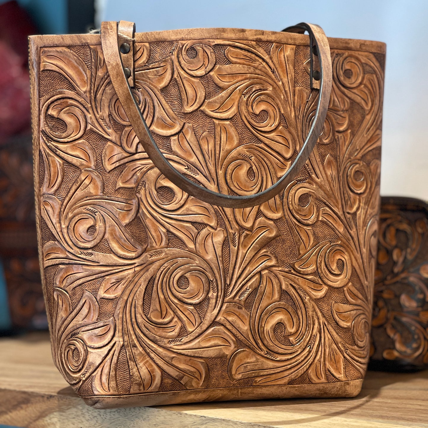 Fine Hand-Tooled Leather Tote Bag "ELODIA", more colors - ALLE Handbags