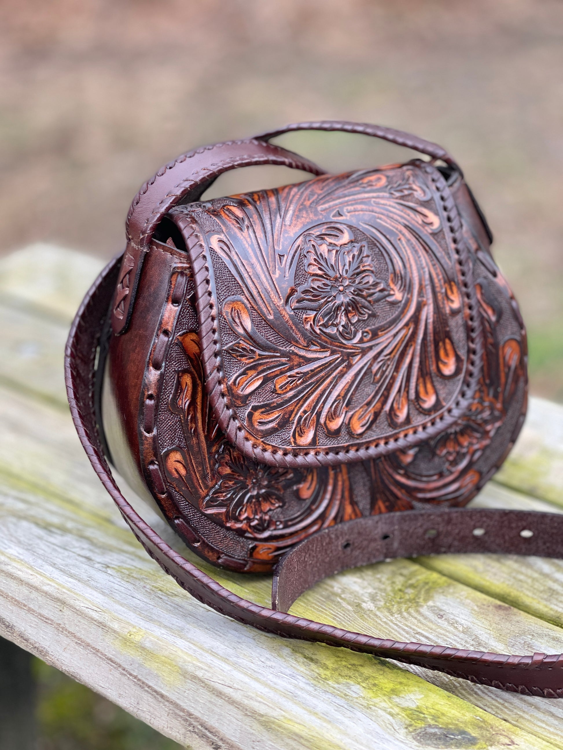 Hand-Tooled Brown Leather Crossbody AMFHORA - ALLE Handbags