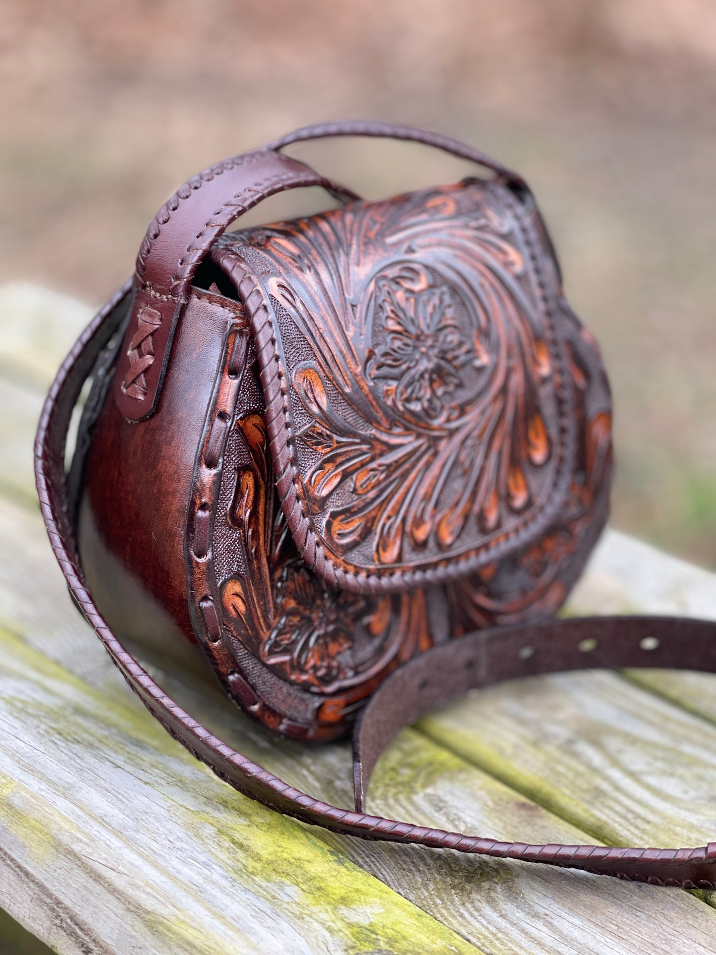 Hand-Tooled Brown Leather Crossbody AMFHORA - ALLE Handbags