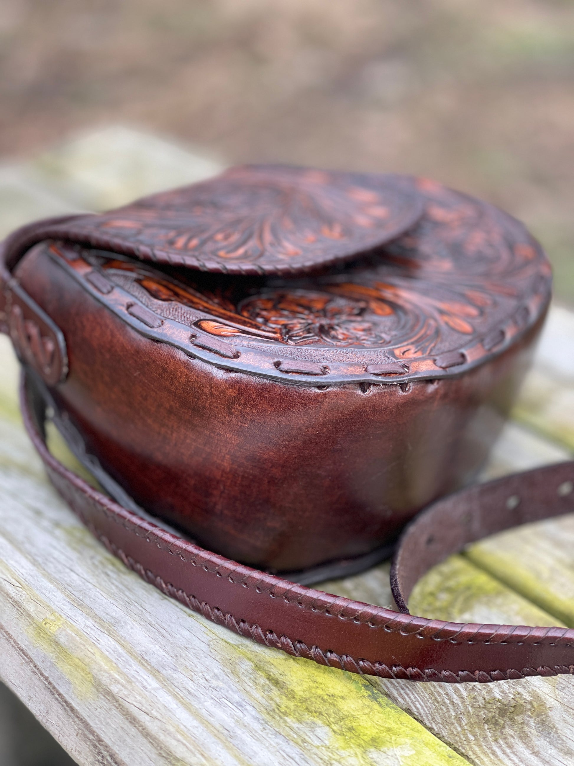 Hand-Tooled Brown Leather Crossbody AMFHORA - ALLE Handbags