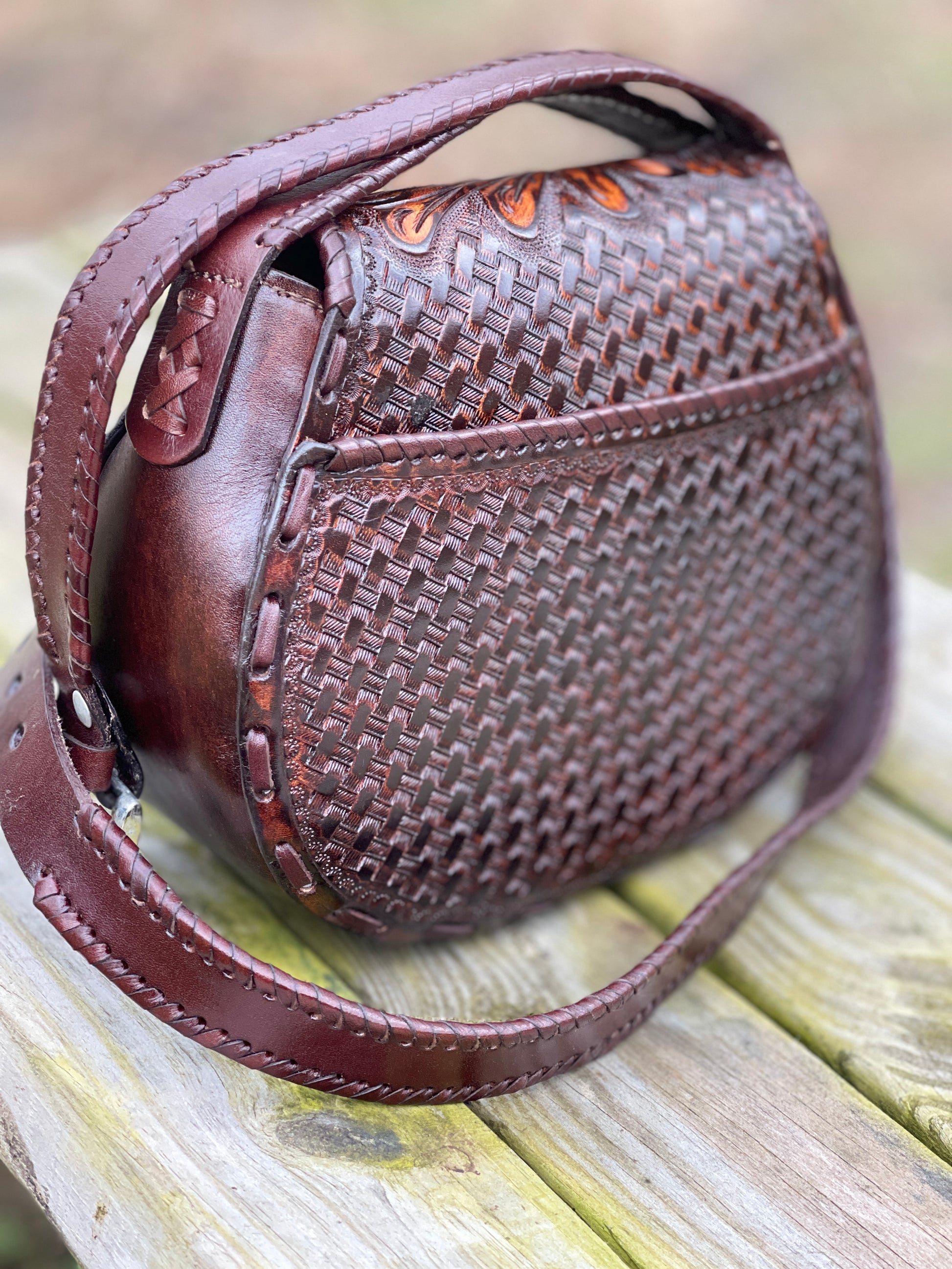 Hand-Tooled Brown Leather Crossbody AMFHORA - ALLE Handbags