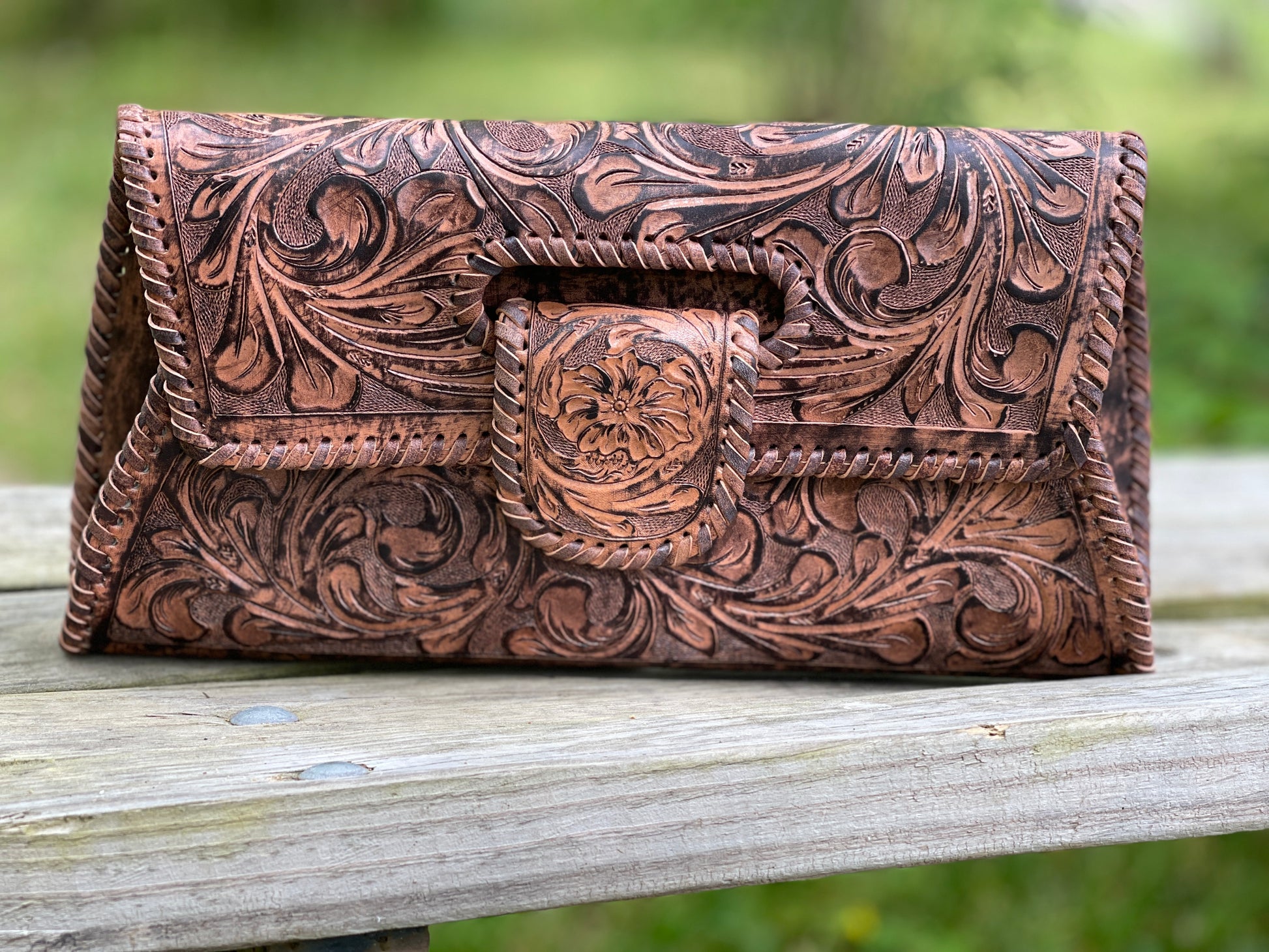 Hand-Tooled Leather Large Crossbody Clutch "LENGUETA" by ALLE - ALLE Handbags