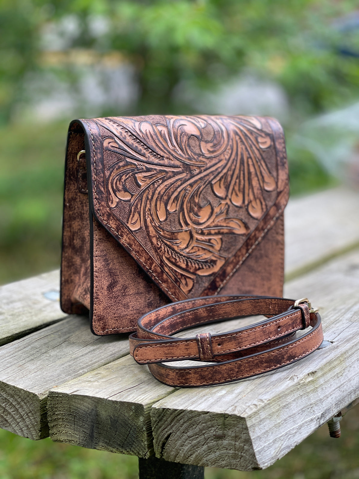 Fine Hand-Tooled Leather Crossbody "PARIS", Patina Colors - ALLE Handbags