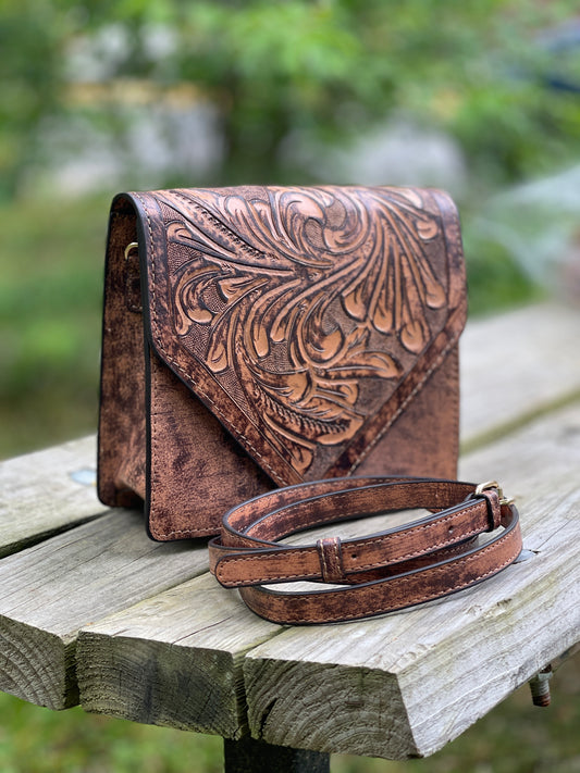 Fine Hand-Tooled Leather Crossbody "PARIS", Patina Colors - ALLE Handbags