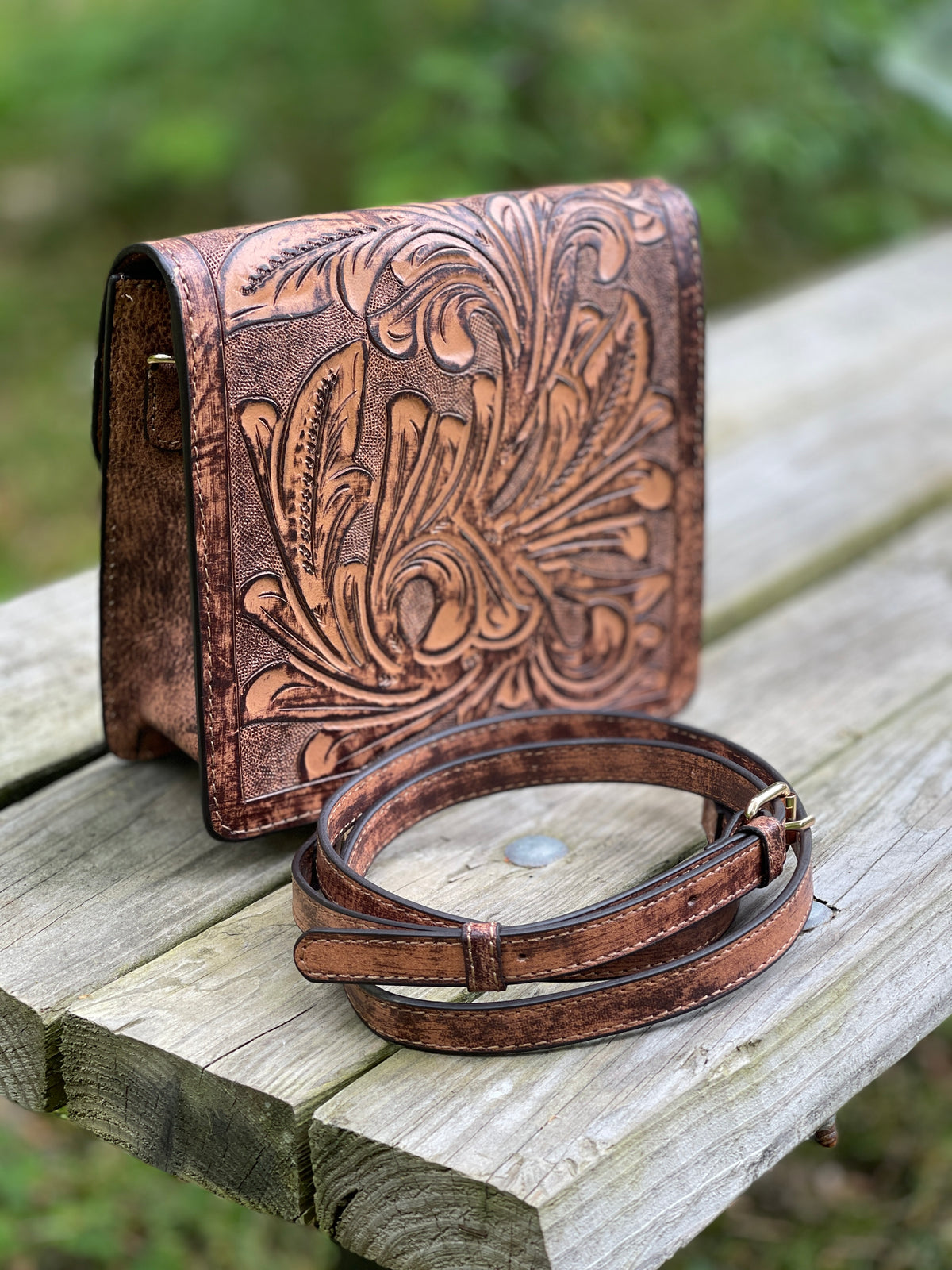 Fine Hand-Tooled Leather Crossbody "PARIS", Patina Colors - ALLE Handbags