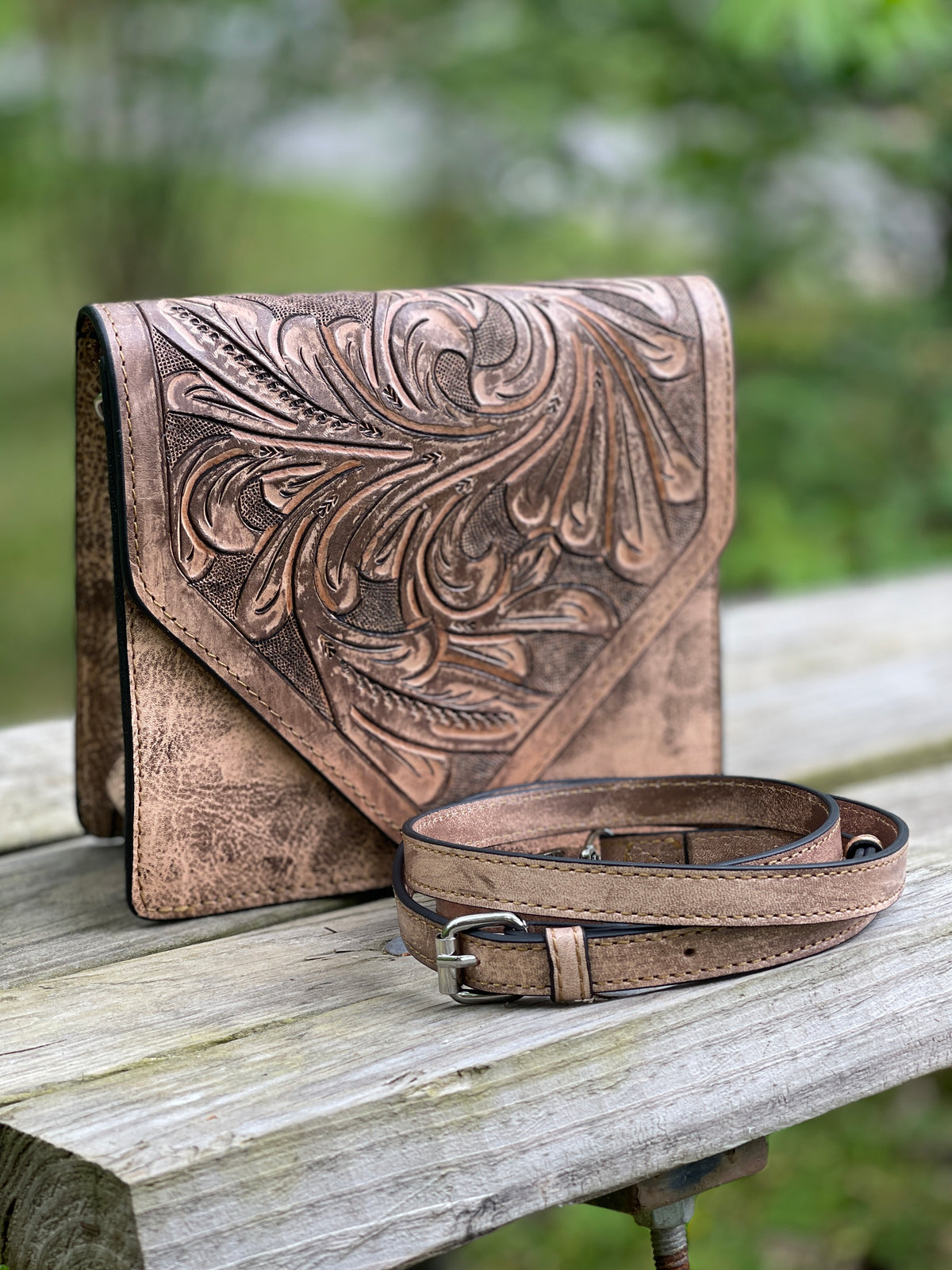 Fine Hand-Tooled Leather Crossbody "PARIS", Patina Colors - ALLE Handbags