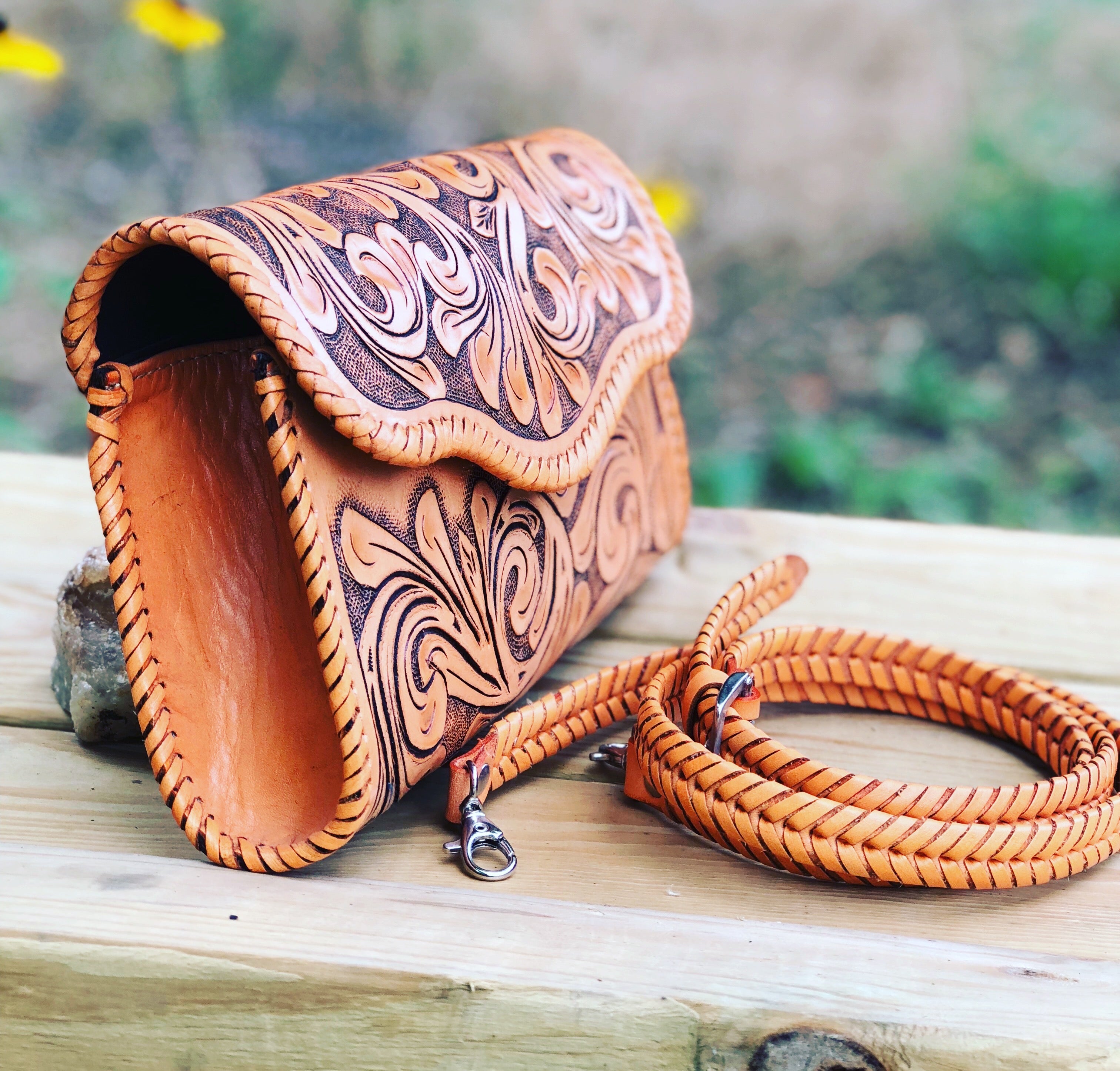 Hand tooled store leather crossbody bag