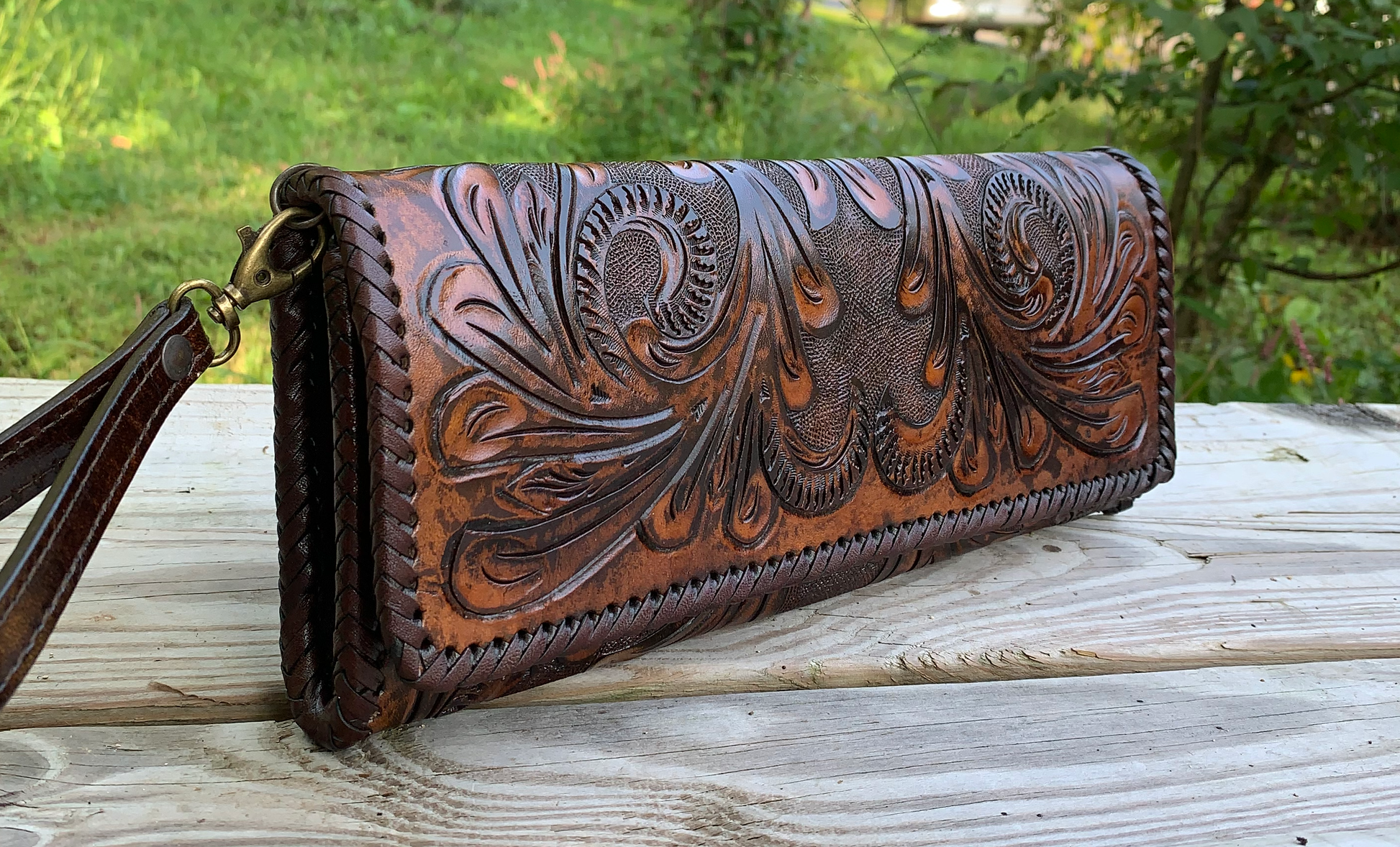 Hand Tooled Leather Clutch - Wristlet "Oaxaca" by ALLE, Vintage Boho style - ALLE Handbags