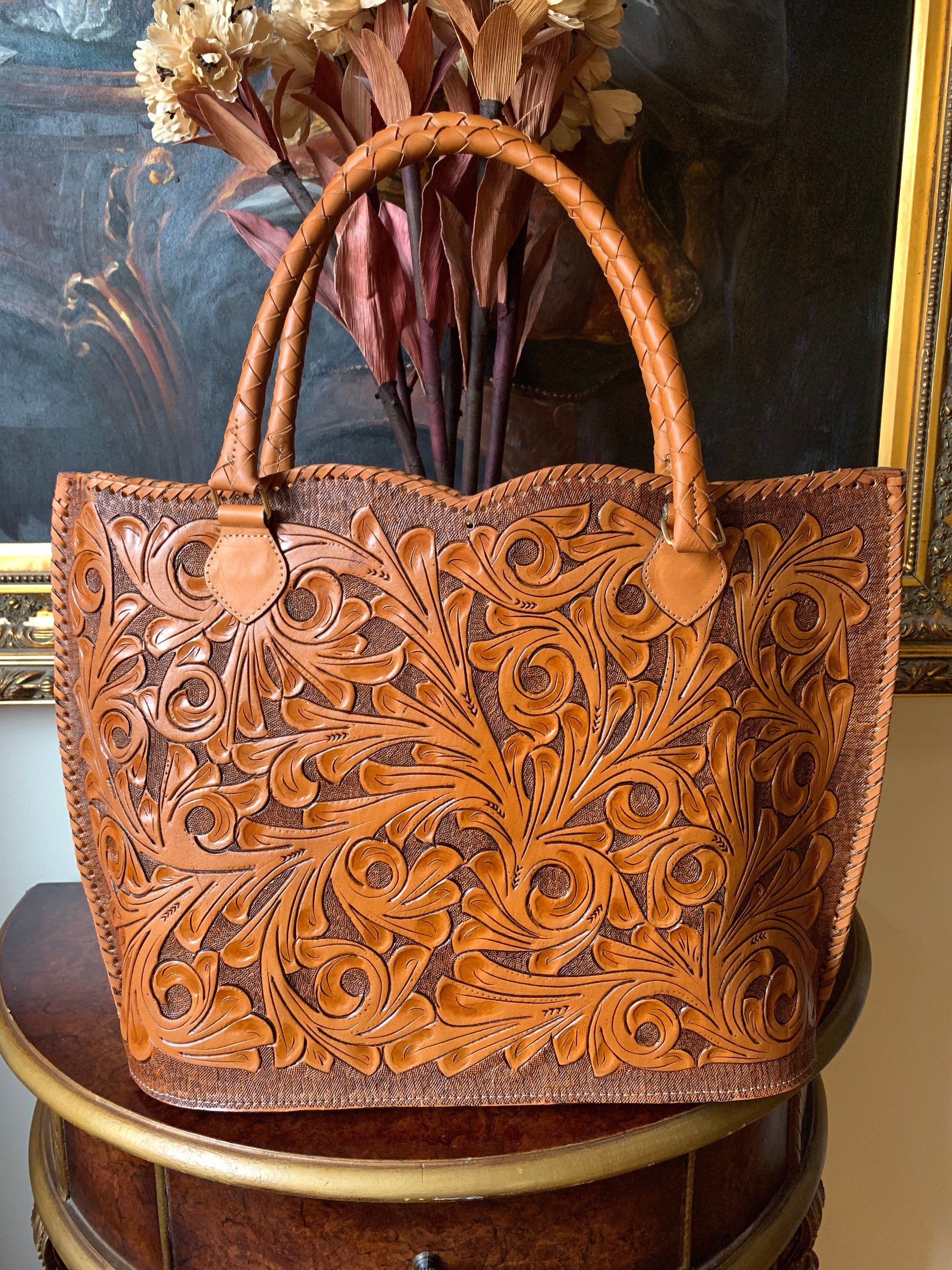 Hand Tooled LeatherTote, "Ibiza" by ALLE, Honey Color, Western Style - ALLE Handbags