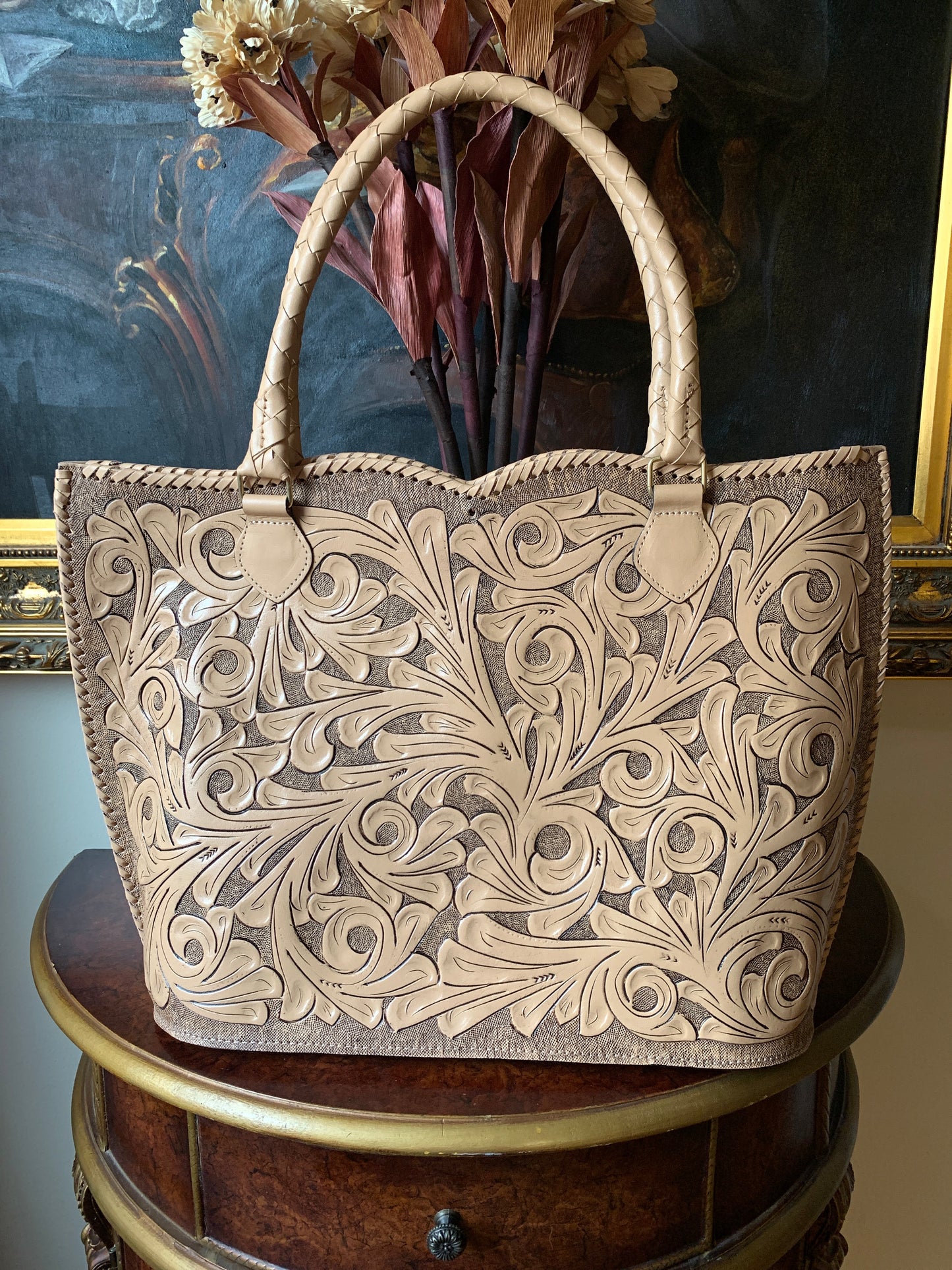 Hand Tooled Leather Tote, "Ibiza" by ALLE, Beige Color - ALLE Handbags