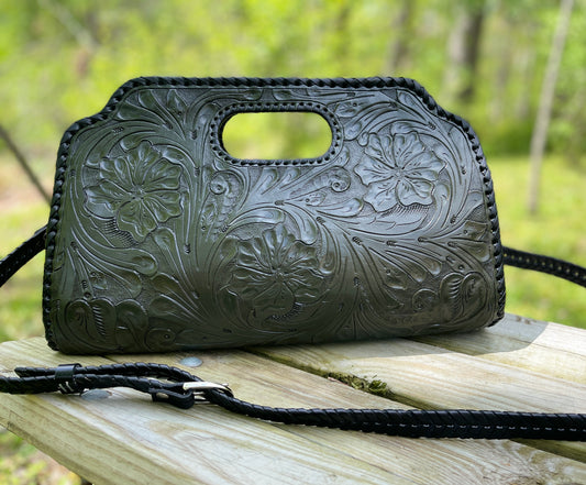 Hand Tooled leather Large Clutch "VAQUERA COMBINADA " by ALLE, Western style - ALLE Handbags