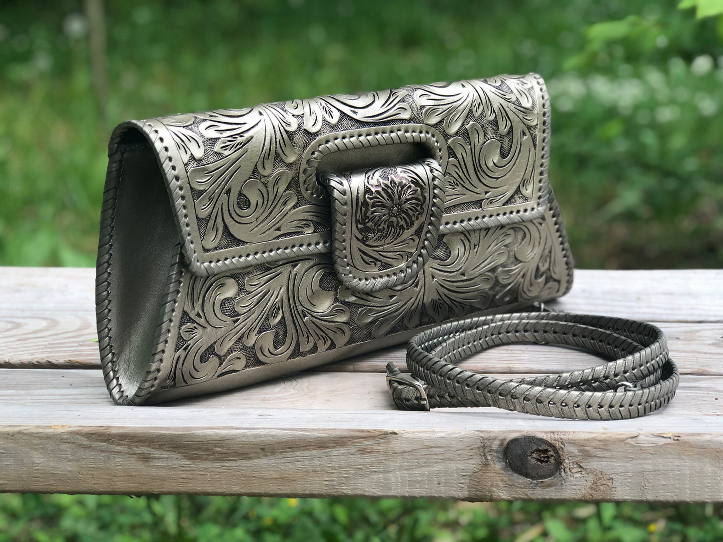Hand-Tooled Leather Large Crossbody Clutch "Lengueta" by ALLE - ALLE Handbags