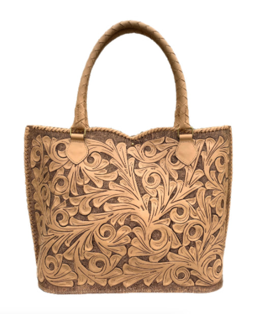 Hand Tooled Leather Tote, "Ibiza" by ALLE, Nude Color, Western Style - ALLE Handbags