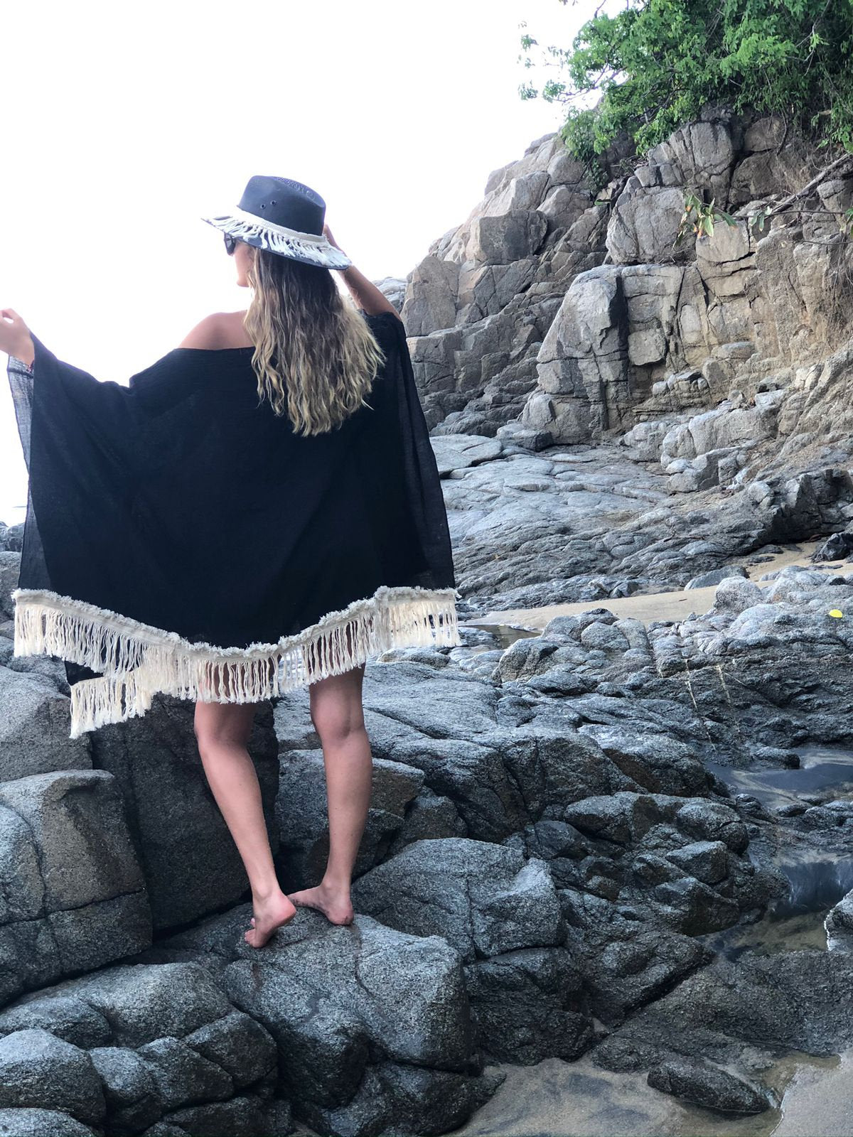 ALLE BOHO "ANDALUCIA" Beachwear Poncho, Bikini Cover-up in Black - ALLE Handbags