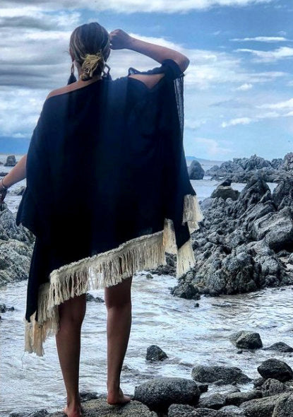 ALLE BOHO "ANDALUCIA" Beachwear Poncho, Bikini Cover-up in Black - ALLE Handbags