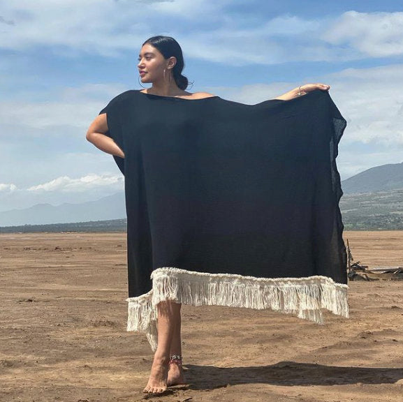 ALLE BOHO "ANDALUCIA" Beachwear Poncho, Bikini Cover-up in Black - ALLE Handbags