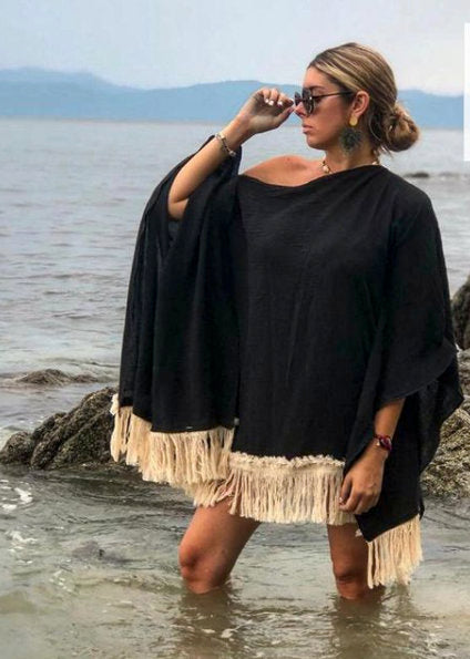 ALLE BOHO "ANDALUCIA" Beachwear Poncho, Bikini Cover-up in Black - ALLE Handbags