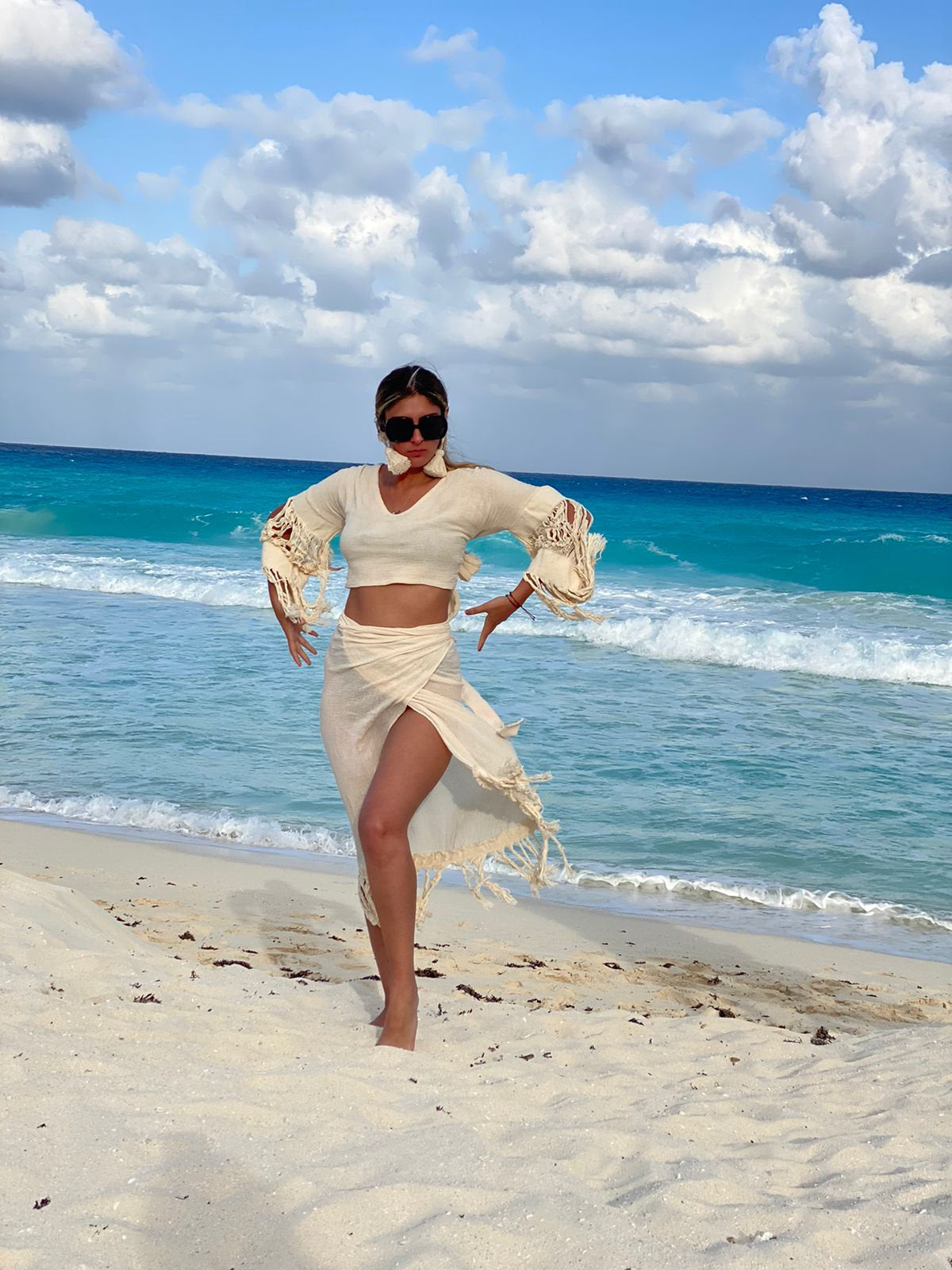 ALLE BOHO "SARA" Beachwear Skirt and Top Cotton Set in Beige