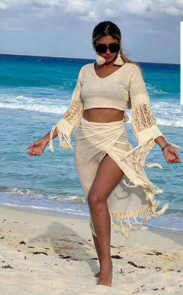 ALLE BOHO "SARA" Beachwear Skirt and Top Cotton Set in Beige - ALLE Handbags
