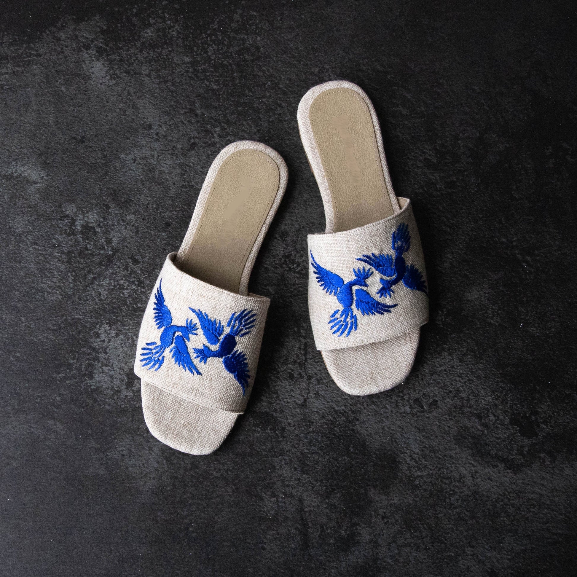 Fine Handmade-embroidered Linen Beach Sandals "ALEBRIJES", in Electric Blue - ALLE Handbags