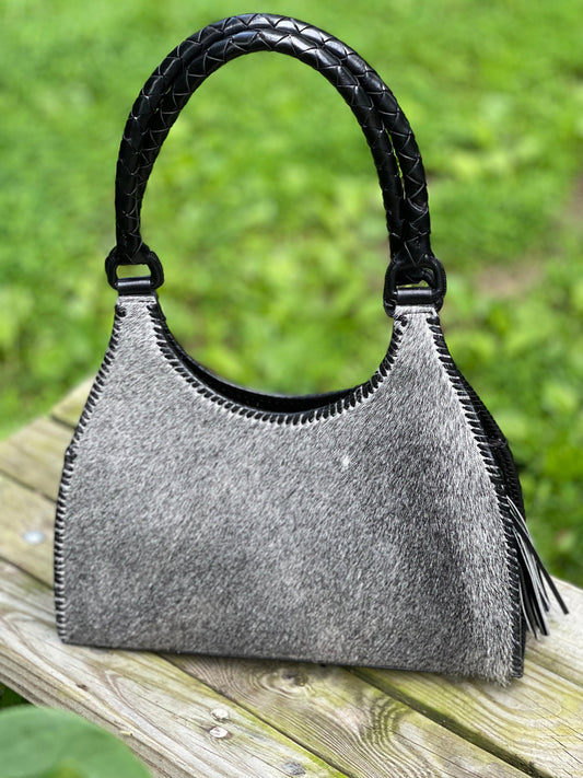 Calf Hair Leather Shoulder Hobo Bag, ALLE "LUNA PELO", Gray Tones - ALLE Handbags