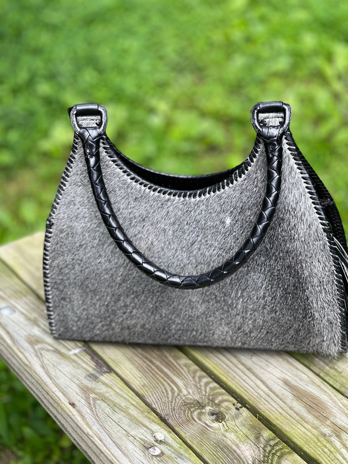 Calf Hair Leather Shoulder Hobo Bag, ALLE "LUNA PELO", Gray Tones - ALLE Handbags