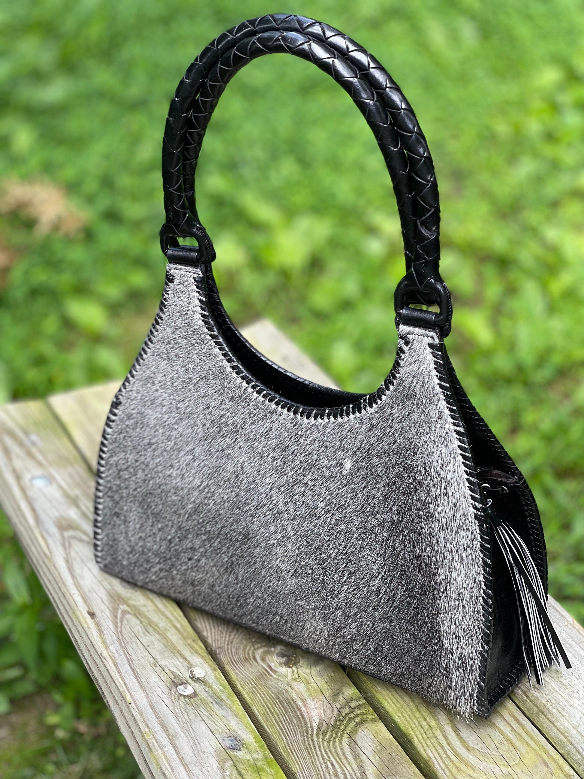 Calf Hair Leather Shoulder Hobo Bag, ALLE "LUNA PELO", Gray Tones - ALLE Handbags